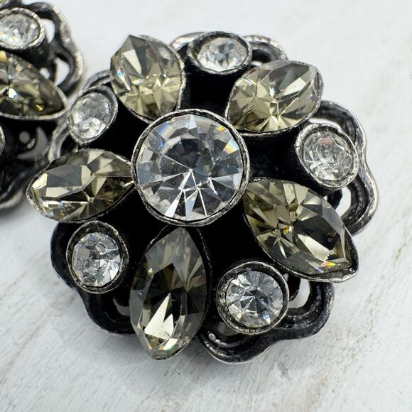 Tanner Signed Vintage Clip On Earrings rhinestone Flower Marquis Stone Earrings - Picture 7 of 11